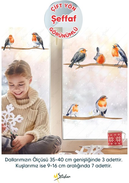 Yılbaşı Kış Kuşları ve Dallar Cam Duvar Sticker Seti - Yılbaşı Seti Şeffaf