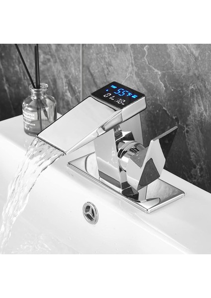 Dijital Sıcaklık Göstergeli Krom Lavabo Bataryası Musluğu Çiftgirişli Krom Armatür Sayaç Ekran Yeni