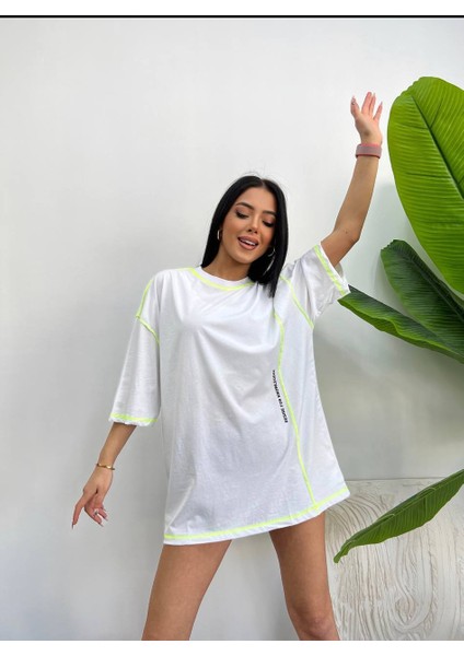 Bayan Dikiş Detaylı Pamuklu Oversize Tişört Ovd1