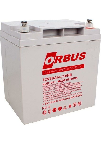 12 Volt 28 Amper Jel Engelli Sandalye Aküsü Orbus-167 x 125 x 175 8.5 Kg.Dikey