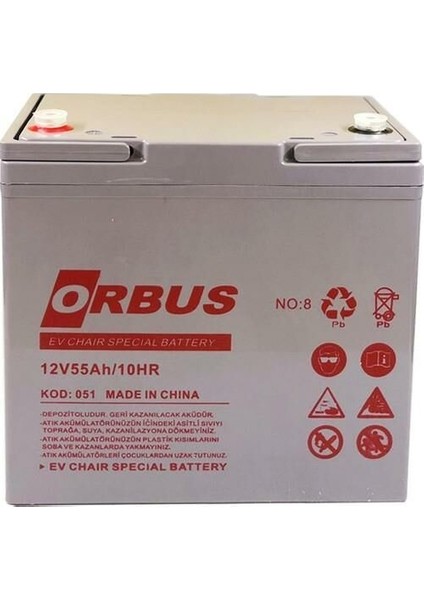 12 Volt 55 Amper Jel Engelli Sandalye Aküsü Orbus-229 x 138 x 215 Mm -17,5 Kg.