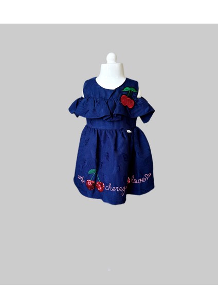 Kiraz Desenli Kol Detaylı Lacivert Elbise