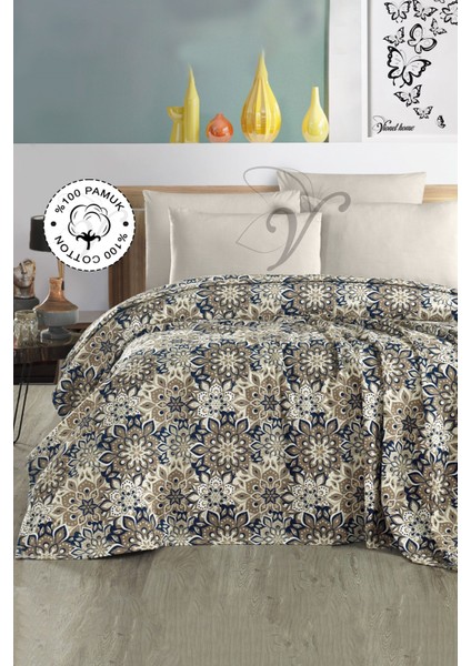%100 Pamuk Çift Kişilik Yatak Örtüsü Baskılı Pike - Caren V2