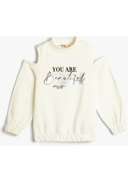 Sweatshirt Pencere Detaylı Beli ve Manşetleri Lastikli Parıltılı Baskılı