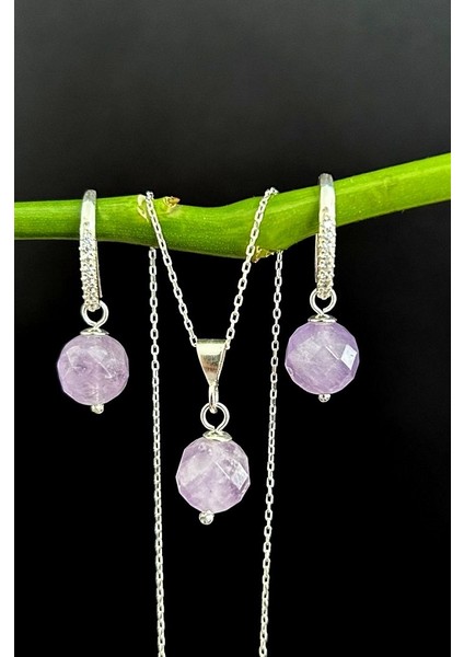 925 Ayar Gümüş Lavender Ametist Kolye-Küpe Set