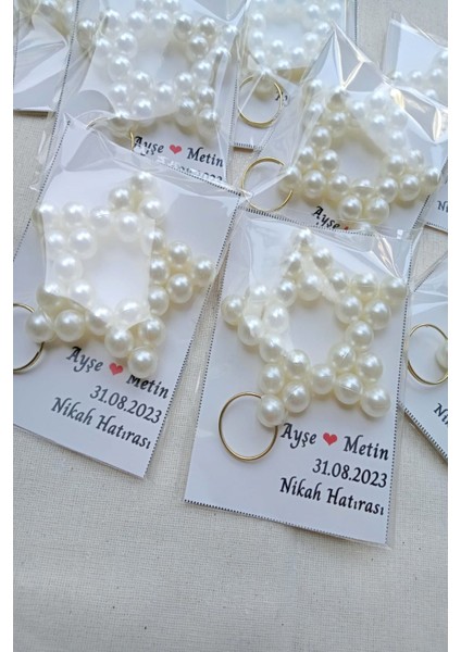 30 Adet Beyaz Kişiye Özel Kartlı Krem Inci Yıldız Anahtarlık - Nikah Hatırası -Kına Hediyesi modelleri