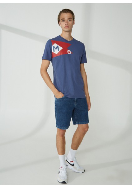 Bisiklet Yaka Düz Indigo Erkek T-Shirt Flag Tee T-Shırt