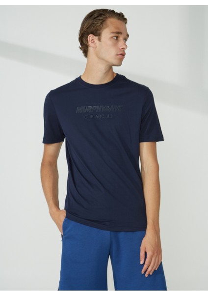 Bisiklet Yaka Düz Lacivert Erkek T-Shirt Emboss T-Shırt modelleri