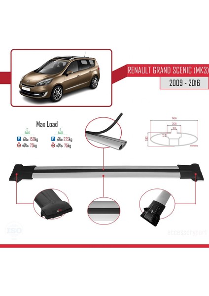 Renault Grand Scenic (Mk3) 2009-2016 Arası ile Uyumlu Fly Model Ara Atkı Tavan Barı Gri modelleri