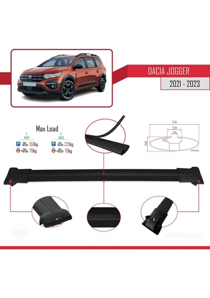 Dacia Jogger 2021 ve Sonrası ile Uyumlu Fly Model Ara Atkı Tavan Barı Siyah