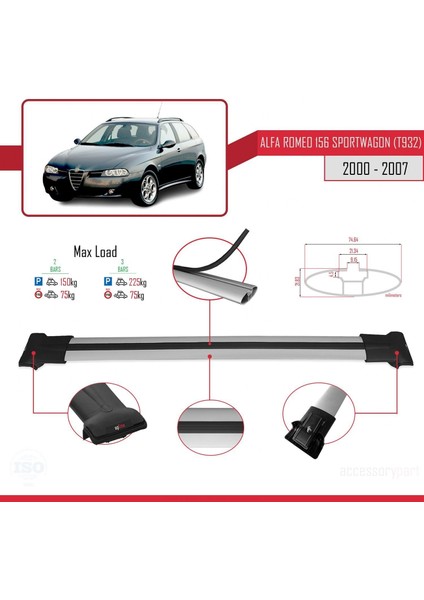 Alfa Romeo 156 Sportwagon (T932) 2000-2007 Arası ile Uyumlu Fly Model Ara Atkı Tavan Barı Gri