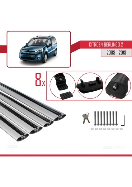 Citroen Berlingo 2008-2018 Arası ile Uyumlu Ace-1 Ara Atkı Tavan Barı Gri 4 Adet Bar