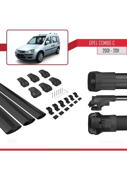 Opel Combo (C) 2001-2011 Arası ile Uyumlu Ace-1 Ara Atkı Tavan Barı Siyah 3 Adet Bar