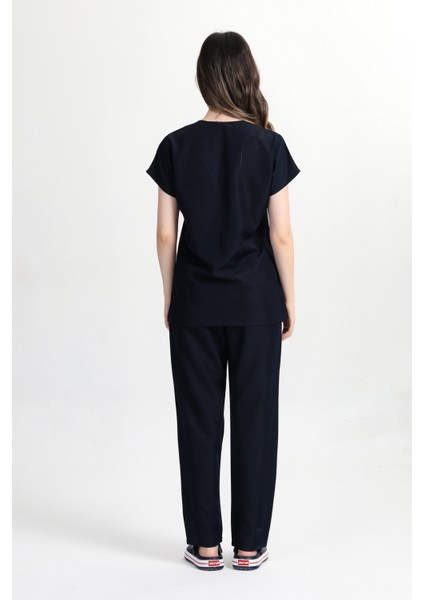 Kadın Likralı Pamuk Scrubs Yarasakol Doktor Hemşire Forma Takımı Siyah modelleri