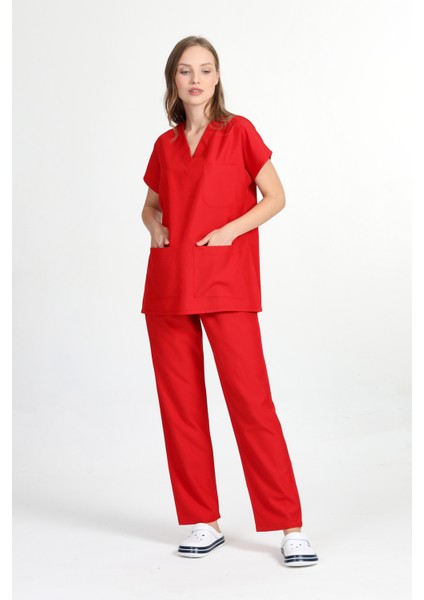 Kadın Likralı Pamuk Scrubs Yarasakol Doktor Hemşire Forma Takımı Kırmızı fiyatları
