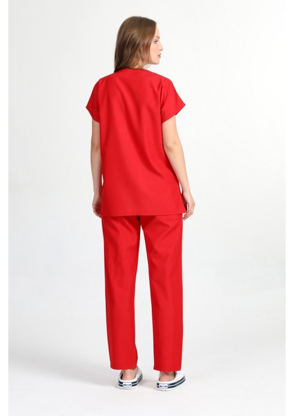 Kadın Likralı Pamuk Scrubs Yarasakol Doktor Hemşire Forma Takımı Kırmızı modelleri