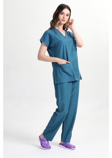 Kadın Likralı Pamuk Scrubs Yarasakol Doktor Hemşire Forma Takımı Petrol