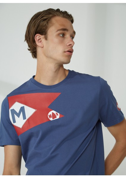 Bisiklet Yaka Düz Indigo Erkek T-Shirt Flag Tee T-Shırt modelleri