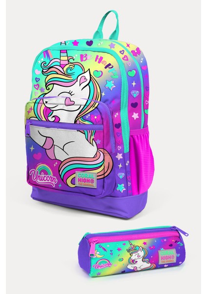 Kids Lavanta Su Yeşili Unicorn Desenli 2'li Okul Çanta Seti SET0223729