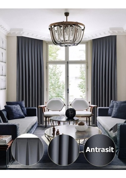 Lüx Saten Blackout Karartma Güneşlik Perde Yüksek li Düz Pilesiz - Antrasit