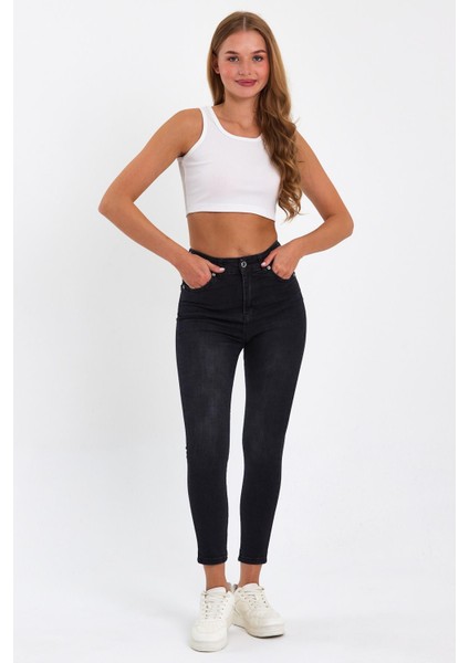 Siyah Likralı Yüksek Bel Dar Paça Skinny Power Likralı Kot Pantalon TREF-SIYAH-JEANS-56903