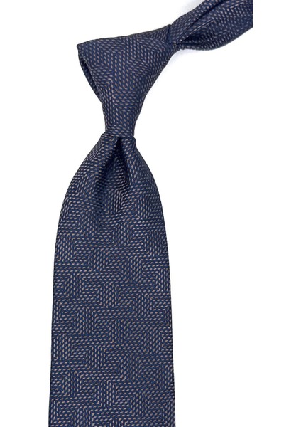 Lacivert - Kahve Çizgi Desen Mendilli Klasik Kravat KK11866