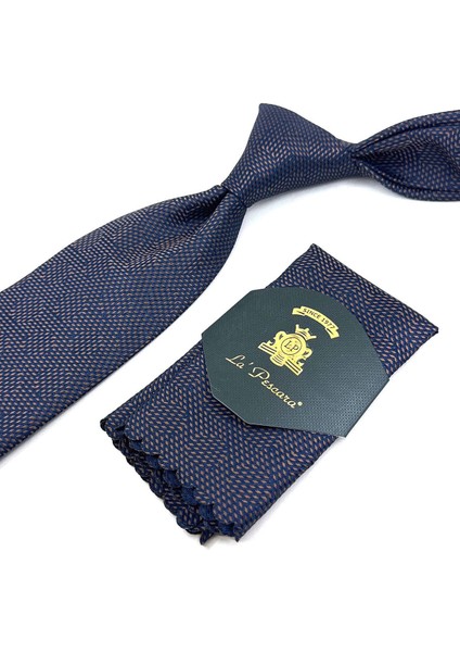 Lacivert - Kahve Çizgi Desen Mendilli Klasik Kravat KK11866 fiyatları