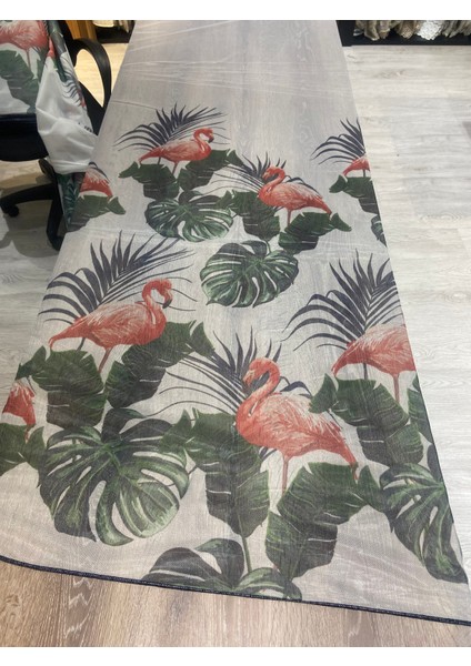 Degrade Eteği Flamingo Desenli Keten Pilesiz Tül Perde Ekstrafor Büzgü