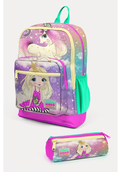 Kids Pembe Su Yeşili Unicornlu Kız Desenli 2'li Okul Çanta Seti SET0223733