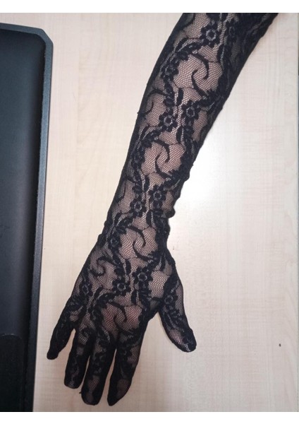 Dantel Likralı Uzun Siyah Eldiven 55 Cm.