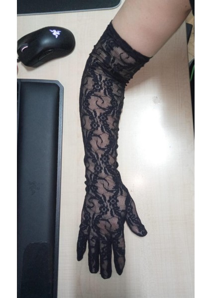 Dantel Likralı Uzun Siyah Eldiven 55 Cm. modelleri