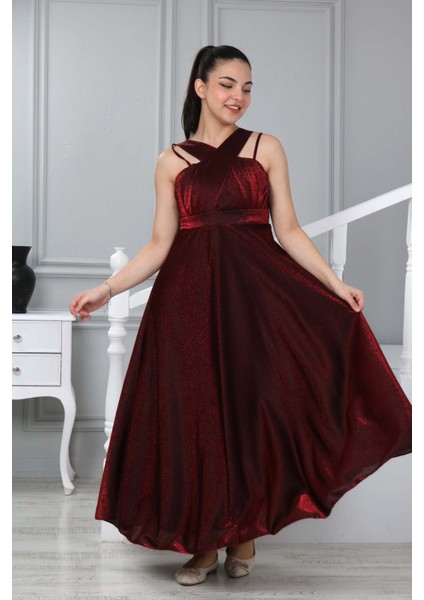 Kız Çocuk Uzun Bordo Saten Abiye Gece Mezuniyet ELBISESI-ABY-0029