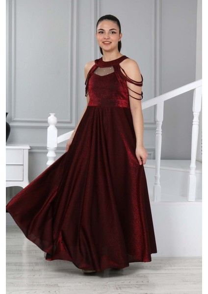 Kız Çocuk Uzun Bordo Saten Abiye Gece Mezuniyet ELBISESI-ABY-0029