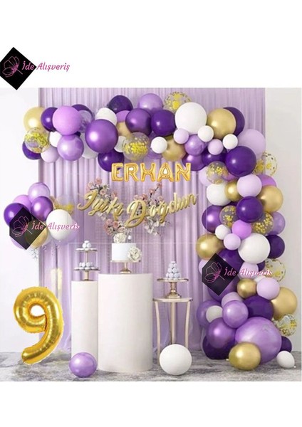 5 Harfli Yaş Gökkuşağı Konsepti Unicorn Temalı Makaron Balon Doğum Günü Parti Kutlama Seti