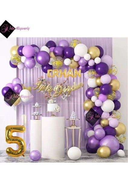 5 Harf Isimli Yaş Macaron Mor Balon Zinciri Seti Gölge Mor Altın Balon Dekorasyon