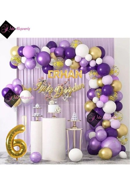 5 Harf Isimli Yaş Macaron Mor Balon Zinciri Seti Gölge Mor Altın Balon Dekorasyon