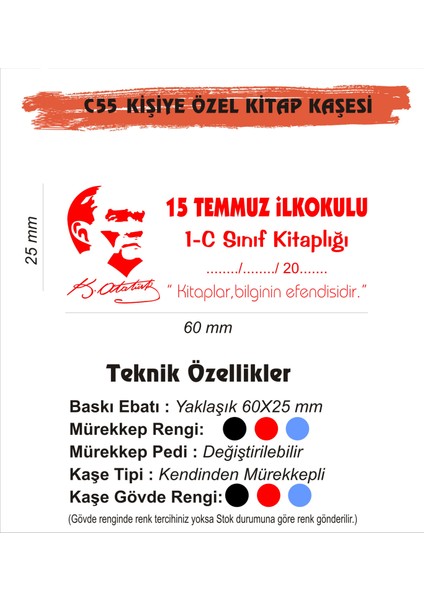 Atatürk Temalı Kişiye Özel Kitap Mühürü Kitap Kaşesi C55