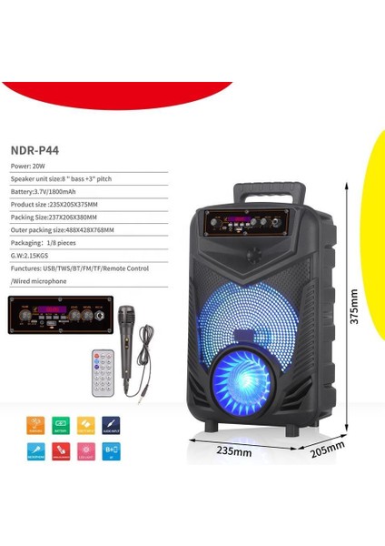 NDR-P44 Mikrofonlu Kumandalı Rgb Ledli Taşınabilir Bluetooth Hoparlör Usb-Tf-Fm Radyo Siyah