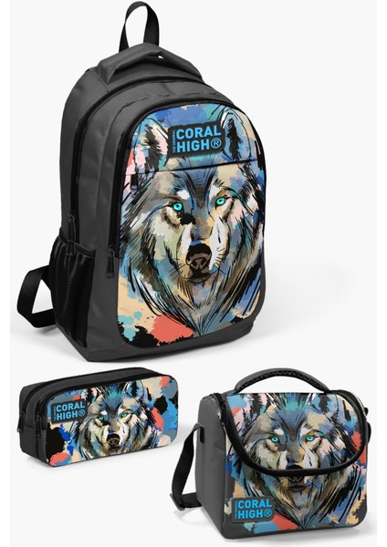 Kids Gri Siyah Kurt Desenli 3’lü Okul Çanta Seti SET0114404
