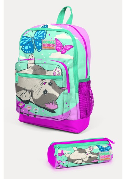 Kids Su Yeşili Pembe Kedi Desenli 2'li Okul Çanta Seti SET0123707