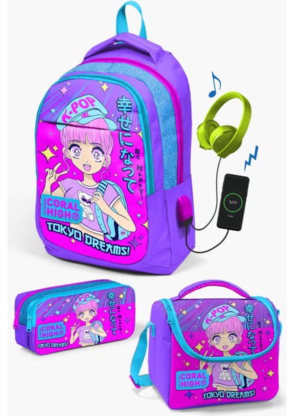 Kids Mor Pembe Mavi Simli K-Pop Desenli Usb'li 3’lü Okul Çanta Seti SET0124316