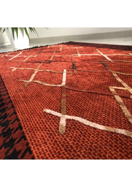 Turuncu Kaz Ayağı Bordürlü Dekoratif Kilim