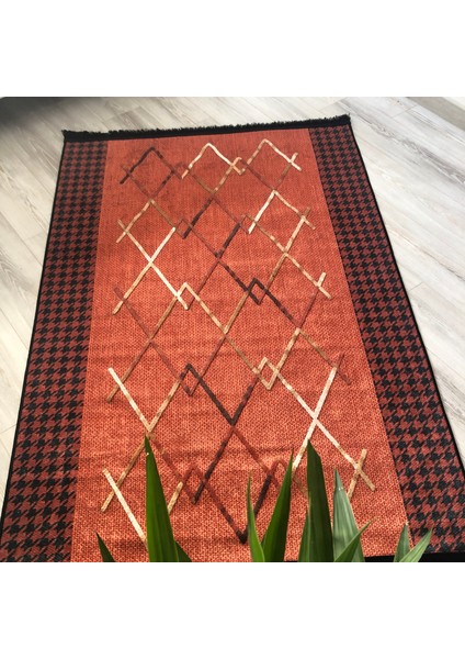 Turuncu Kaz Ayağı Bordürlü Dekoratif Kilim