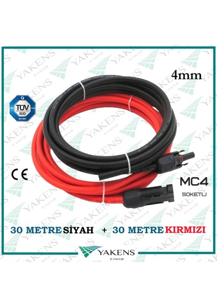 Yakens Enerji Mc4 Soketli (30M+30M) 60 Metre 4mm Güneş Paneli Hazır Solar Kablo Siyah Kırmızı