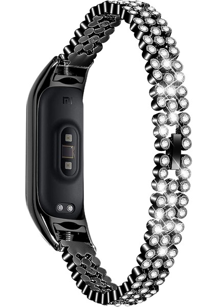 Xiaomi Smart Band Için 8 Rhinestone Dekor Paslanmaz Çelik Kayış Yedek Akıl Swatch Bilek Bandı - Siyah (Yurt Dışından)