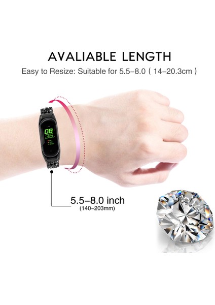 Xiaomi Smart Band Için 8 Rhinestone Dekor Paslanmaz Çelik Kayış Yedek Akıl Swatch Bilek Bandı - Siyah (Yurt Dışından) modelleri
