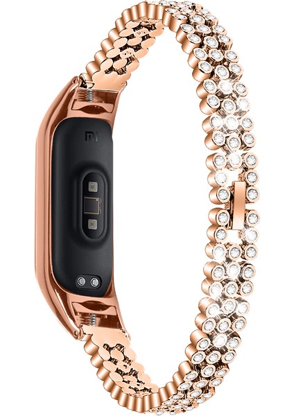 Xiaomi Smart Band Için 8 Rhinestone Dekor Paslanmaz Çelik Kayış Yedek Akıl Swatch Bilek Bandı - Gül Altın (Yurt Dışından)