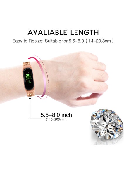 Xiaomi Smart Band Için 8 Rhinestone Dekor Paslanmaz Çelik Kayış Yedek Akıl Swatch Bilek Bandı - Gül Altın (Yurt Dışından) modelleri