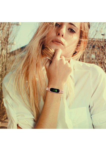 Xiaomi Smart Band Için 8 Rhinestone Dekor Paslanmaz Çelik Kayış Yedek Akıl Swatch Bilek Bandı - Gül Altın (Yurt Dışından) indirimleri