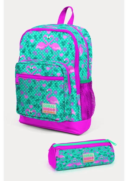 Kids Su Yeşili Pembe Flamingo Desenli 2'li Okul Çanta Seti SET0223712